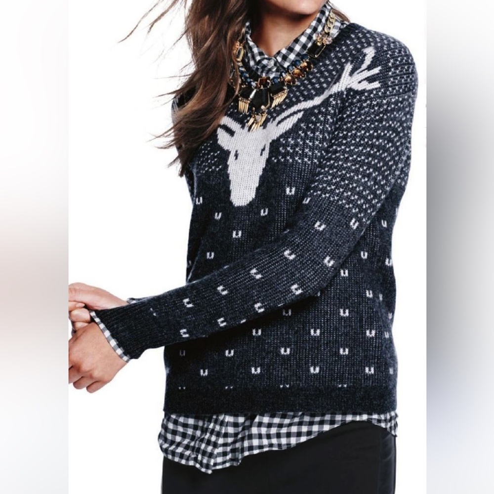 J. Crew Knit Gray Deer Head Print V- Neck Sweater 28% merino wool, viscose nylon